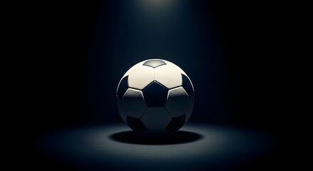 Naklejka premium A classic black and white soccer ball centered in a dark environment, illuminated by a single overhead spotlight beam