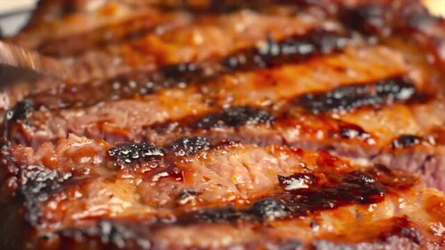 grilled steak being sliced with knife, juicy meat with charred grill marks, close-up macro of barbecue cooking, tender texture and sizzling surface, premium meat food concept