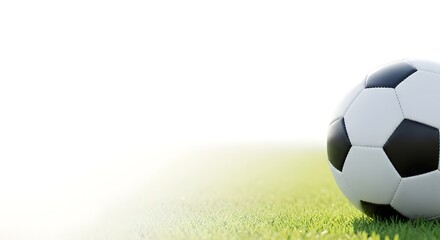 Fototapeta premium Classic black and white leather soccer ball resting on a vibrant green grass pitch with a bright, soft, hazy white background