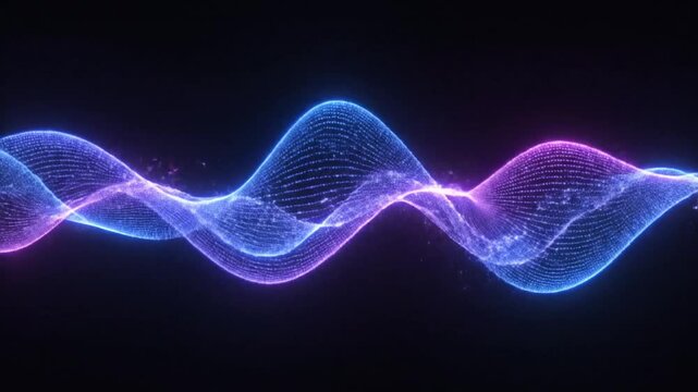 Vibrant digital waveform with glowing purple and blue lines on a dark background.