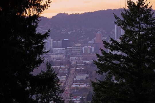 The sun sets on Portland, Oregon