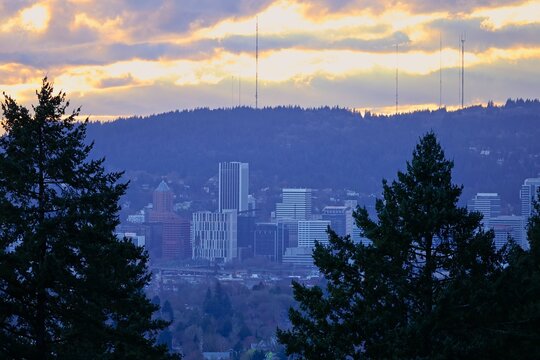The sun sets on Portland, Oregon