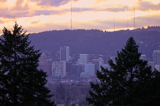 The sun sets on Portland, Oregon