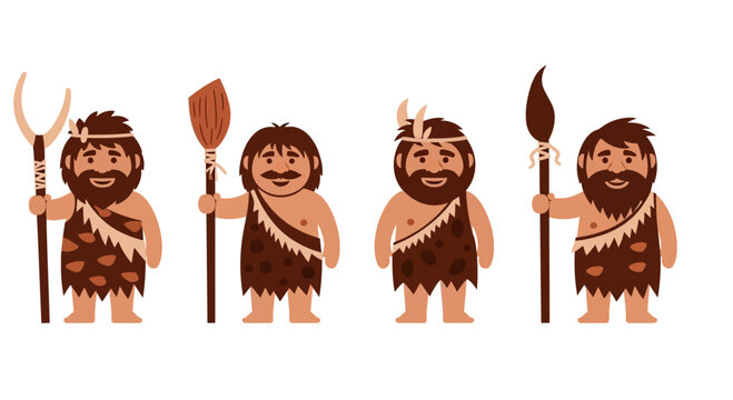 Happy Cavemen Group with Spears and Tools, Prehistoric People Illustration