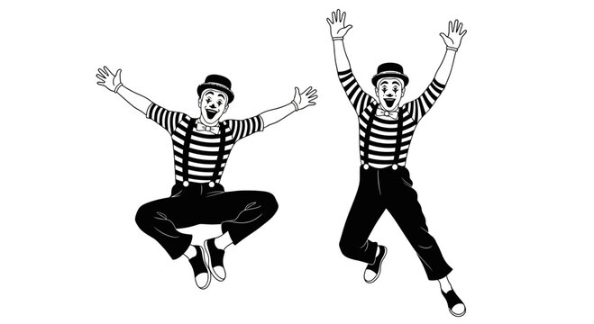 Joyful Mimes Jumping with Arms Raised, Black and White Illustration