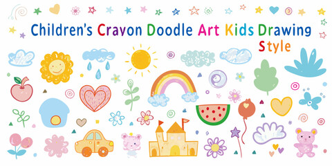 Fototapeta premium Colorful children s crayon doodle art with suns flowers and playful objects