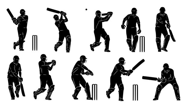 Cricket silhouettes batsman bowler fielder action vector illustration isolated on white background