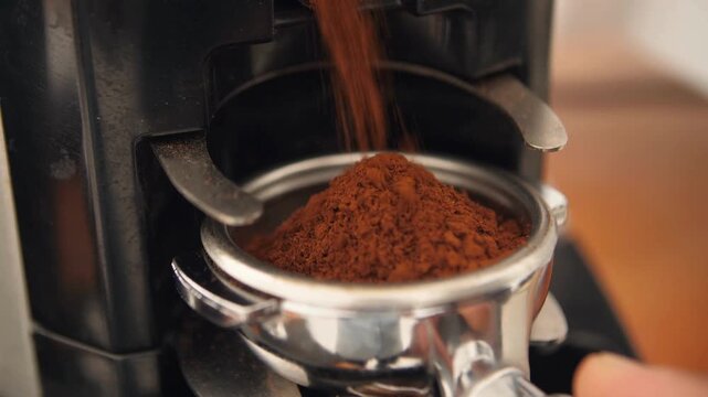 Coffee beans in a grinder basket.