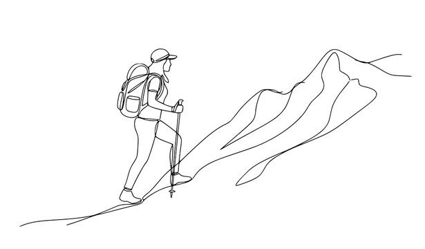 Minimal one line woman hiking mountain backpack travel adventure vector illustration isolated on white background