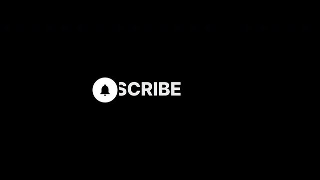 Subscribe button with bell notification icon animation text on black background. Bold white minimal call to action text. Video channel alert and follow concept.