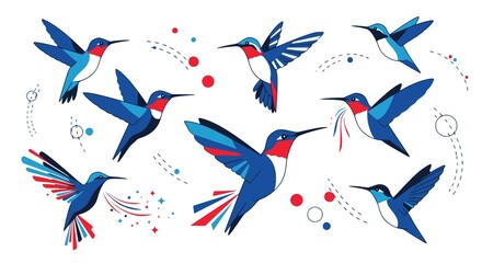 Fototapeta premium Hummingbird color vector illustrations set. Design for wall decals, logos, or background patterns. JPEG version.