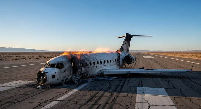 A passenger jet airplane burning on a cracked runway in a desert landscape under a clear sky.