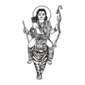 traditional drawing of Lord Ayyappan sitting in tiger