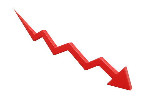 Red downward arrow showing economic decline, 3D zigzag falling graph line, financial loss and market crash symbol on Transparent background
