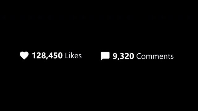 Social media likes and comments counter animation on black background. Heart and chat icons with large white number display. Viral engagement metric animation.