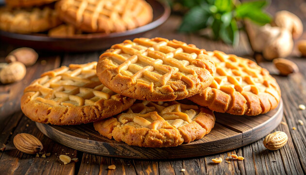 Delicious peanut butter cookies on wooden board