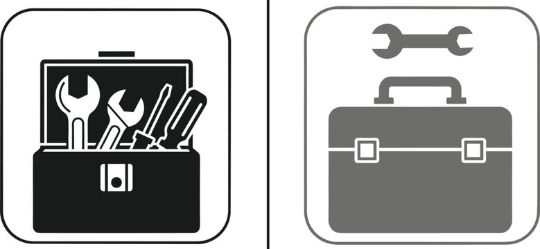 Toolbox and toolkit icon set vector illustration, open toolbox with tools and closed briefcase style wrench symbols for repair DIY mechanic construction workshop designs