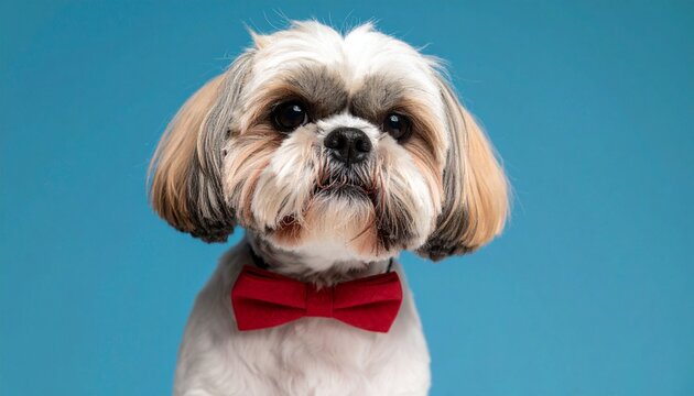 Dog with red bow tie on blue background