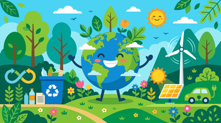 Obraz premium A vibrant illustration of the Earth character happily promoting eco-friendly practices in a lush green landscape with solar panels and a wind turbine.