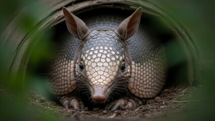 Fototapeta premium Animal - Baby Armadillo Peeking Out of Burrow Entrance with Detailed Scaly Armor Shell Close Up