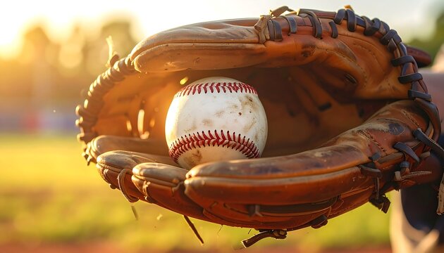 A baseball caught in a brown leather glove on a sunny day