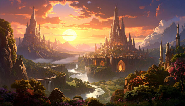 Fantasy cityscape at sunrise