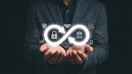 Fototapeta premium Businessman holding digital infinity symbol with banking and security icons