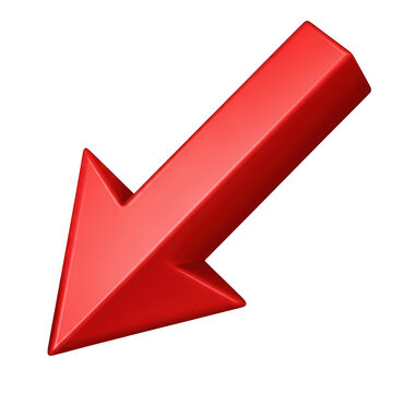 Red 3D arrow pointing down left, glossy plastic directional pointer, metallic red diagonal arrow icon for navigation and business presentations