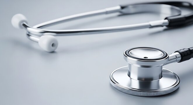 A medical stethoscope resting on a smooth surface, with blurred background