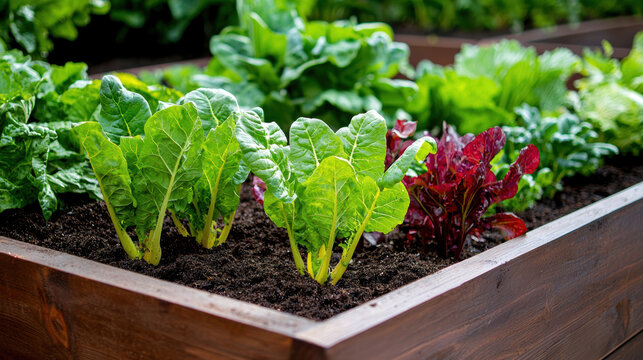 Raised garden bed filled with thriving green and red leafy vegetables growing in rich soil outdoors.
