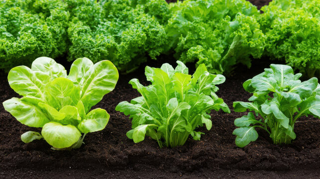 Fresh green lettuce and leafy vegetables growing in rich soil in a garden bed.