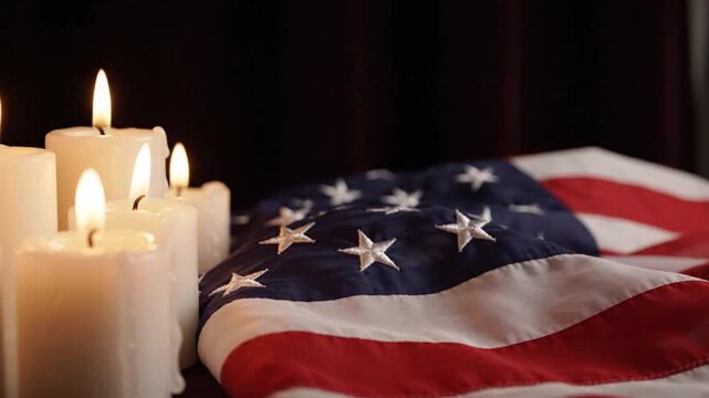 American flag with burning candles in memorial service ceremony indoors
