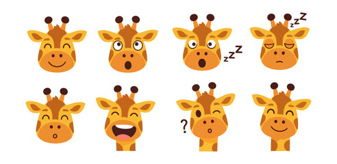 Naklejka premium Cartoon giraffe heads with various expressions on black background