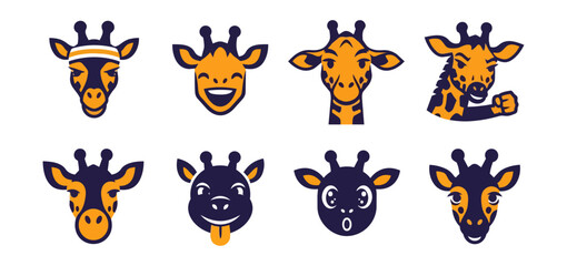 Fototapeta premium Cartoon giraffe heads with various expressions on black background