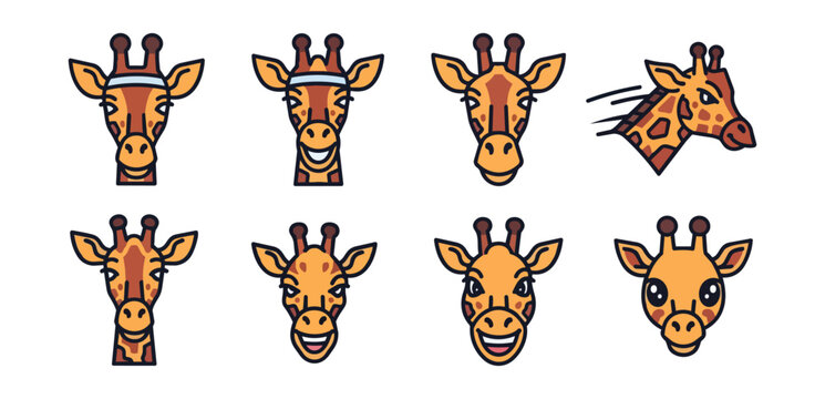 Cartoon giraffe heads set isolated on black background