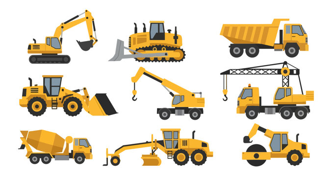 Collection of heavy construction vehicles yellow color illustration