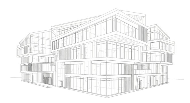 Detailed architectural line drawing of a modern multi-story commercial building with large windows and angular design.