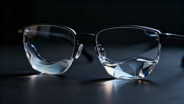 Minimalist glasses with crystalline lenses on dark surface