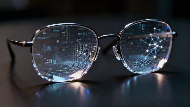 Minimalist glasses with crystalline lenses on dark surface