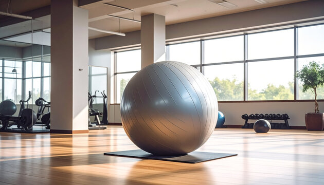 Gym ball in bright modern fitness center