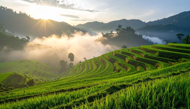 Green rice terraces in morning light
