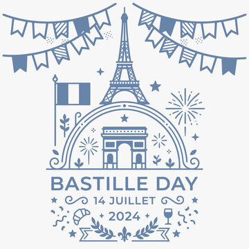 Vibrant hand-drawn Bastille Day lettering with decorative elements. Vector Illustration