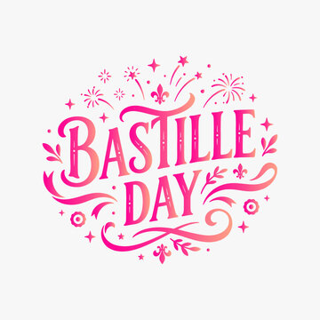 Vibrant hand-drawn Bastille Day lettering with decorative elements. Vector Illustration