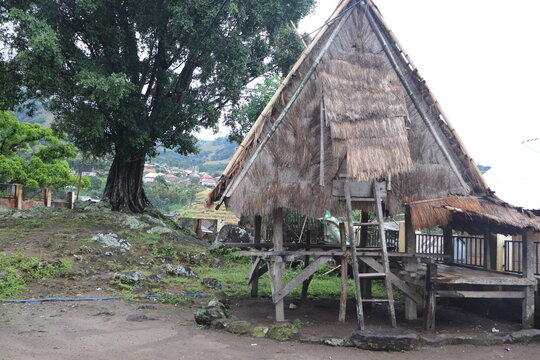 Minimalist heritage: The iconic silhouette of an Uma Leme traditional house in Bima with ample blue sky copy space for text.