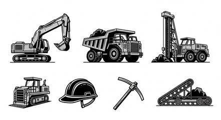 Collection of mining and construction heavy machinery and equipment illustrations. © Nenti