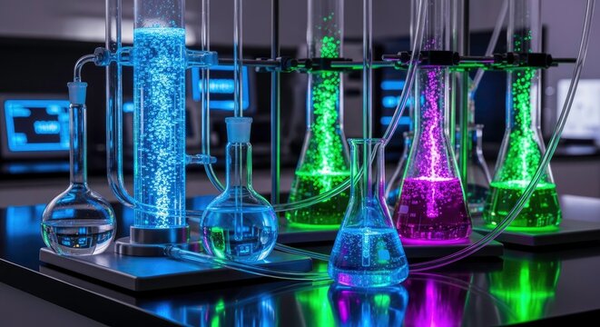 Colorful Laboratory Glassware with Fluorescent Liquids in Science Experiment