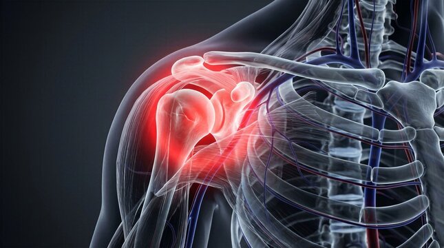 Transparent 3D anatomical model of human torso highlighting shoulder injury and articular joint stress.