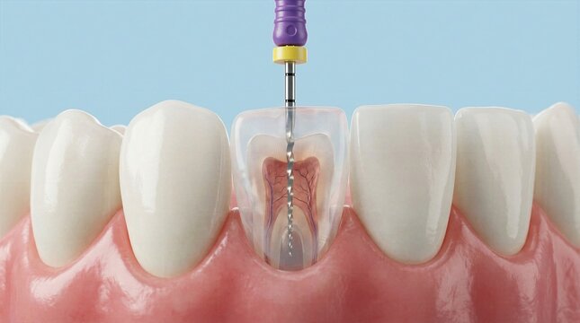 3D render of root canal treatment procedure with dental file inside transparent tooth cross section.