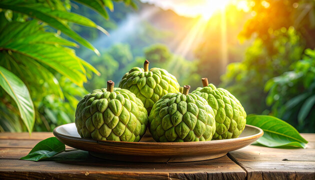 Fresh custard apples on wooden plate