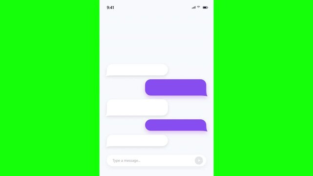 Mobile chat app screen on green chroma key background. Purple and white message bubbles with status bar. Scrolling conversation UI mockup. Messaging app and communication template concept.